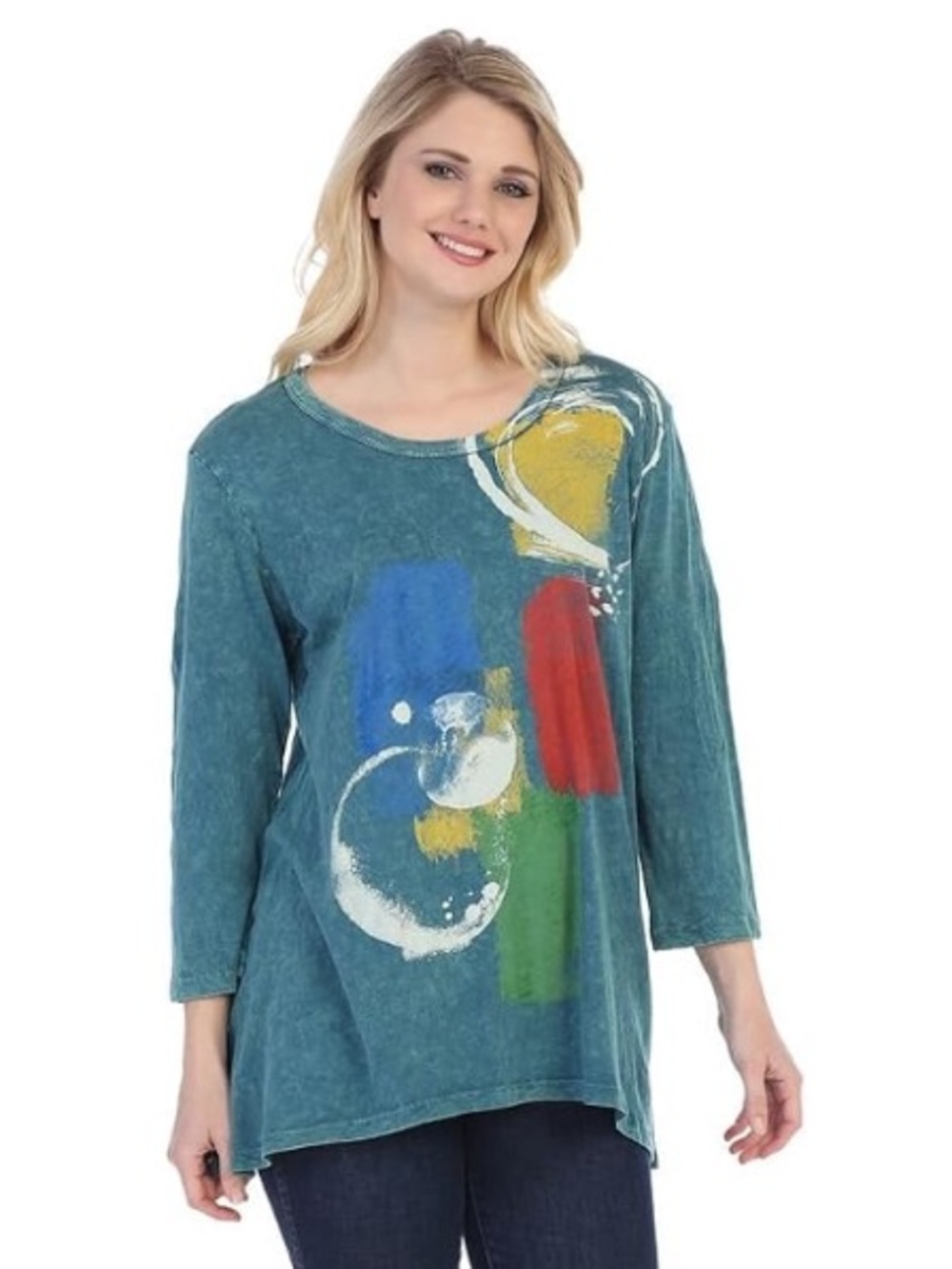Jess & Jane Tranquility Mineral Washed Abstract Hi Low Cotton Tunic Top
